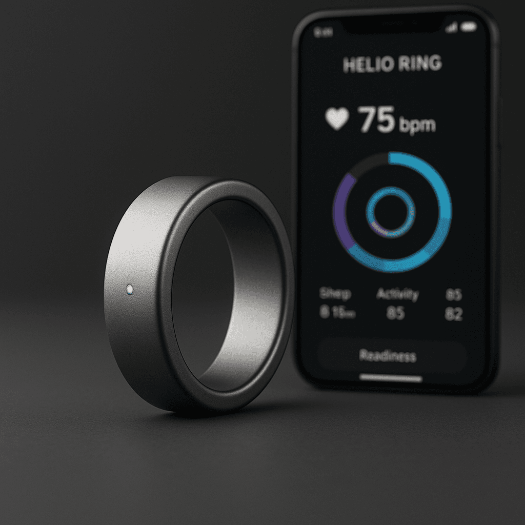 Helio Ring with mobile app interface showing real-time health monitoring